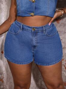 Slaydiva Plus Size Blue Denim Casual Fitted Shorts Women's Shorts Women's Set Shorts Women Outfits Shorts For Women Denim Shorts Shorts High Waisted Shorts Cargo Shorts Flowy Pants Micro Shorts