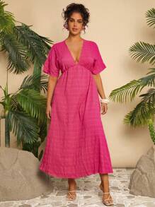 Travachic Plus Size Solid V-Neck Short Sleeve Casual Long Dress - Hot Pink - View 5