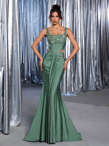 Glamrae 优雅奢华透明串珠亮片拼接弹力褶饰鱼尾裙，适合婚礼、派对、单身派对、度假、舞会礼服、活动（装饰风格）、正式、晚会、婚礼宾客 - 綠色 - 查看 4