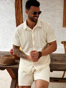 Manfinity Homme Plus Size Men's Summer Vacation Textured Short Sleeve Shirt And Shorts Set - Apricot - View 3