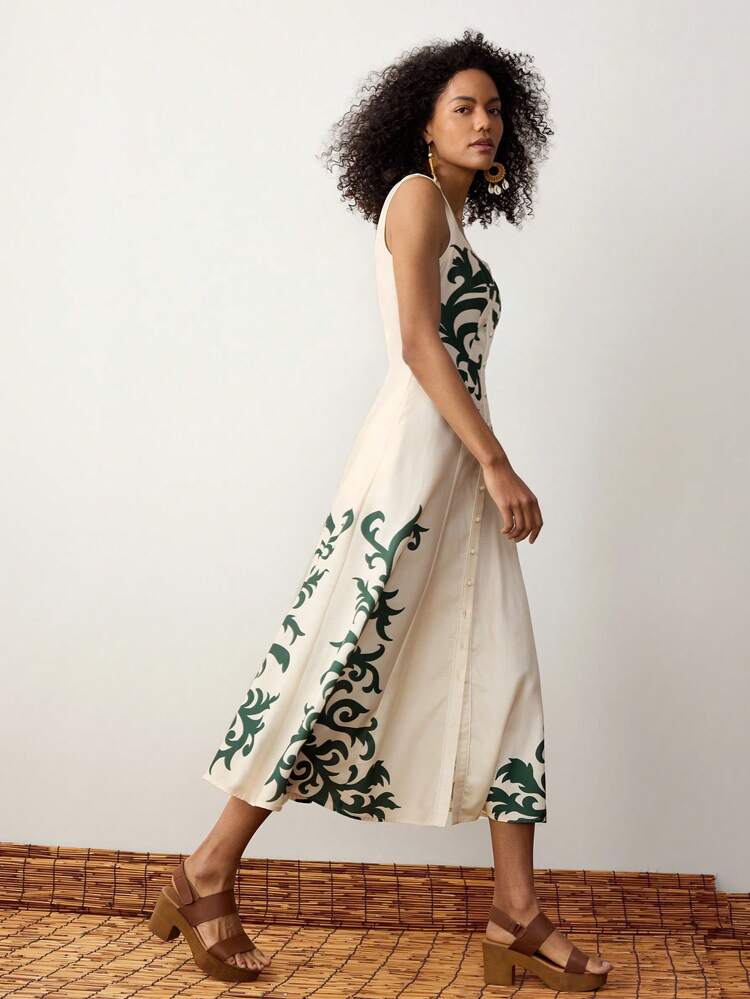 SHEIN Maija Women's Apricot & Green Summer Dress, Graphic Print, Button Front, Square Neck, Sleeveless, A-Line Silhouette, Loose & Relaxed Fit, Elegant Beach Holiday Boho Style Midi Dress