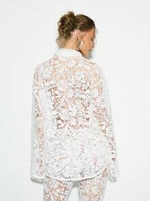 KIZN Elegant Floral Lace Button-Up Blouse Long Sleeve Collared Oversized See Through Statement Party Wedding Spring Summer Resort Wear Evening Top - White - View 2