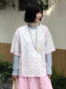 FRIFUL 女式圆领碎花撞色饰边 T 恤，夏季休闲可爱上衣 - 白色 - 查看 7