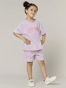 SHEIN Explorewe 2件套女童字母印花圆领T恤和短裤套装 - 紫色 - 查看 4