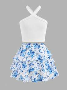 SHEIN Girlism Ensemble de 2 pièces pour filles pré-adolescentes : débardeur en tricot unicolore + jupe évasée imprimée en tissu, décontracté pour les vacances