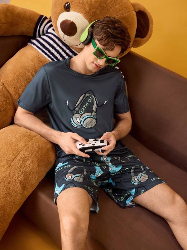 NotGurli 2PCS Men's Headphone Print Short Sleeve Top And Shorts Pajama Set For Men Sleepwear Nightwear