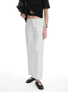 SHEIN Clasi 女式休闲纯色斜口袋直筒牛仔裤 - 白色 - 查看 3