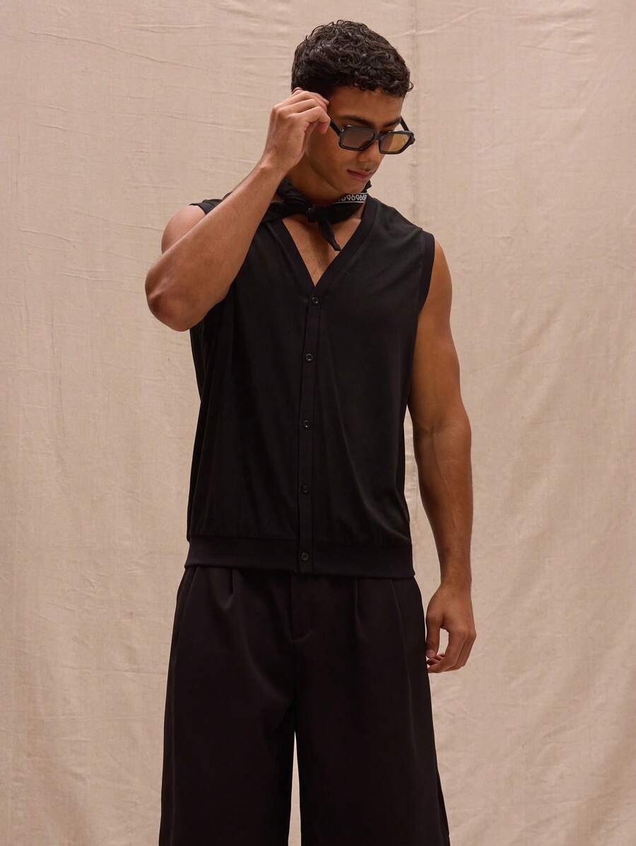 Musero V领纽扣无袖背心 春夏街头风 度假休闲 - 黑色 - 查看 1