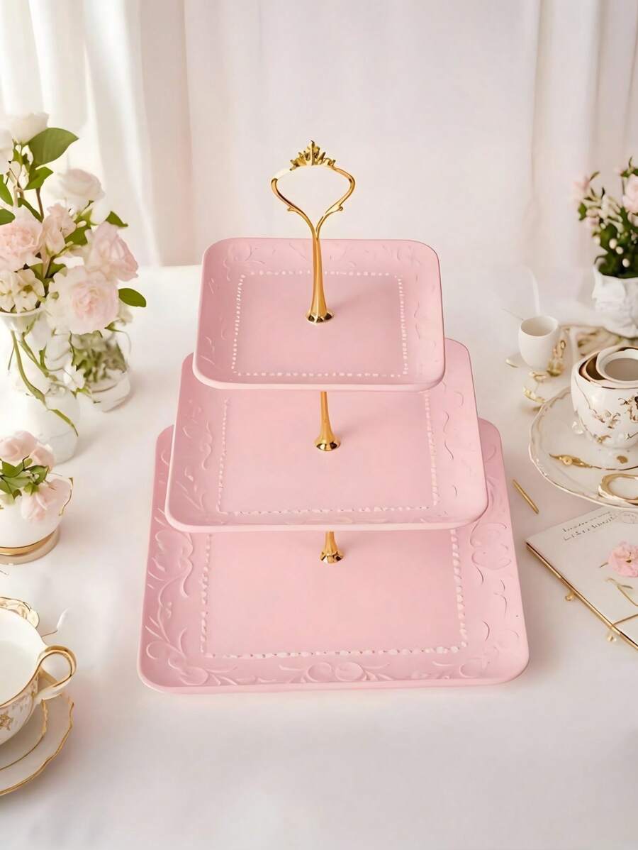 Khay đựng 3 tầng bằng kim loại, giá đỡ trưng bày hiện đại, sắp xếp trên mặt bàn bếp, phòng khách, phòng ăn, trang trí, chống gỉ, dễ lau chùi - Hồng - Xem 1