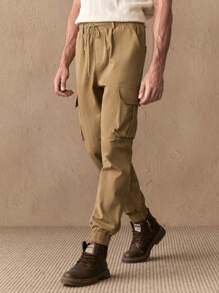 Manfinity NXTstreet Men's Casual Woven Spring/Summer Drawstring Waist Slanted Pockets Cargo Pants - Khaki - View 7