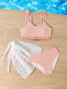 Tween Girl Solid Color Ruffled Swimwear Set With Cover-Up Skirt, For Vacation - Multicolor - View 5