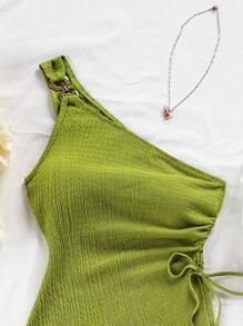 Soleia 女士夏季度假米色针织提花纹理单肩修身下摆开衩抽绳褶饰吊带背心，适合派对、约会、情人节、复活节、狂欢节、下午茶、海滩、游轮、城市度假 - 綠色 - 查看 7