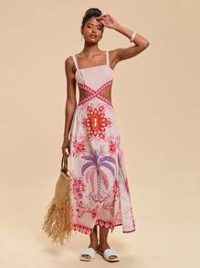 Travachic Woven Print Cut-Out Slit Side Maxi Slip Dress For Women - Multicolor - View 1