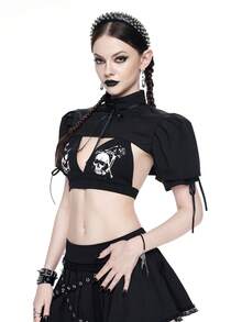 ROMWE Áo crop top tay bồng phong cách Gothic thanh lịch cổ điển dành cho nữ - màu đen - Xem 5