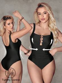 Shapewave Beach Summer Outfits For Women, One-Piece Shaping Swimsuit With Front Center Hollowing Squared Neckline Design - Black - View 1