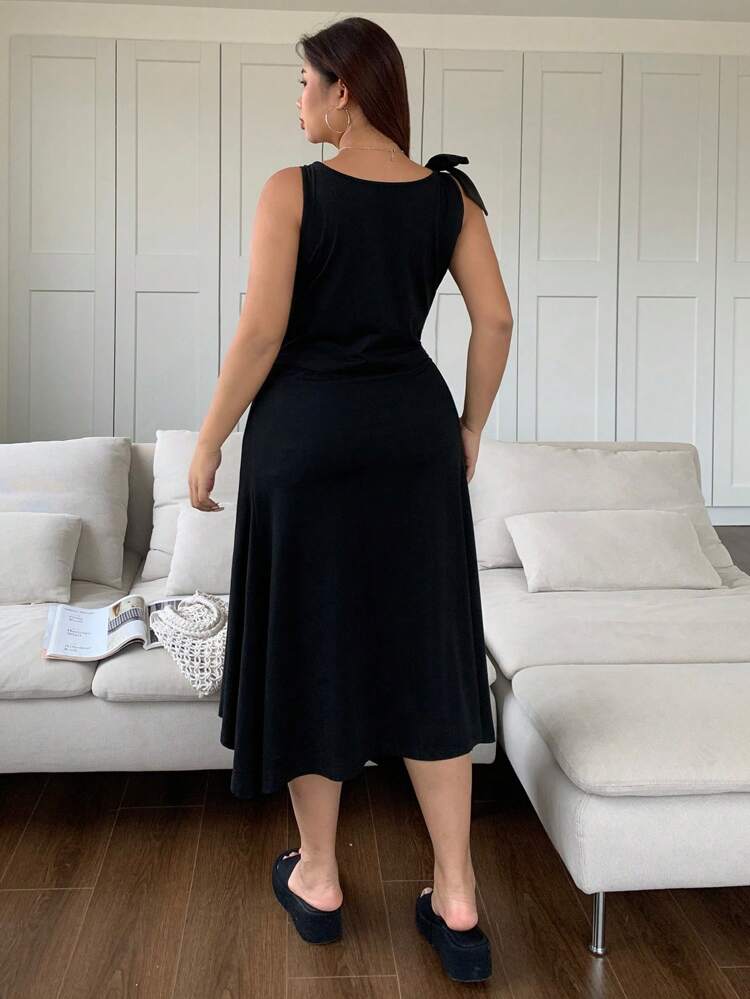 Dazy Plus 2pcs Black Solid Color Tie-Up Open Shoulder Crop Top & Asymmetric Hem Mid-Length Skirt Set, Summer