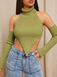 Vixey Sleeveless Handkerchief Backless Knit Top With Detachable Sleeves - Green - View 4