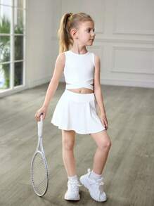 Young Girls' White Plain Spring/Summer Casual Comfortable Sports Set, Elegant Athleisure Running Outdoor Suits, Snug Fit Look, All-Match Style Outfit For Young Girl, Quick-Dry And High Stretch