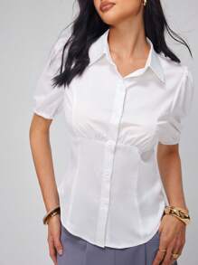 Roylia 女式纯色短款泡泡袖单排扣休闲衬衫 - 白色 - 查看 4