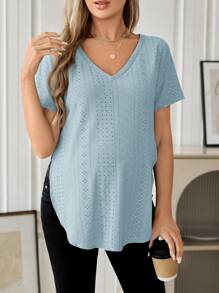 SHEIN Maternity Solid Color Hollow Embroidery V-Neck Short Sleeve T-Shirt, Suitable For Summer - Baby Blue - View 5