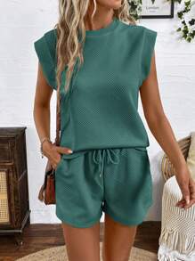 SHEIN LUNE Outdoor Sport Athleisure Trainingspak Dames Set van 2, Zomerse Gestructureerde Stof, Gewatteerde Schouders, T-shirt en Shorts