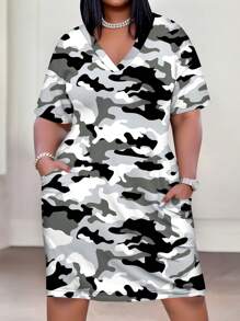 Maweii Plus Size Women Fashionable Camouflage Print V-Neck Casual Short Sleeve Mini Dress - Multicolor - View 3