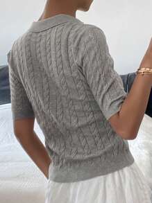 DAZY Women's Casual Polo Collar Short Sleeve Twist Button Knit Cardigan - Grey - View 2