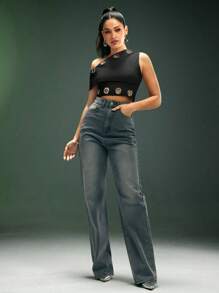 Denimoi Blusa casual con cuello asimétrico y volantes