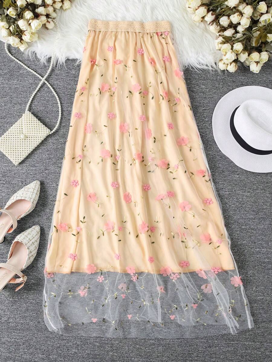 Chiquease Damen Mode Blumen eleganter Midi-Rock, Frühling/Sommer - Aprikosenfarben - Übersicht 1