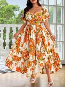 Flirla Plus Size Women Flounce Sleeve Open Slit Ruffled Hem Printed Dress, Romantic Elegant For Party, Vacation - Yellow - View 1