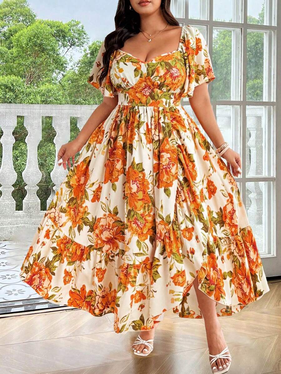 Flirla Plus Size Women Flounce Sleeve Open Slit Ruffled Hem Printed Dress, Romantic Elegant For Party, Vacation - Yellow - View 1
