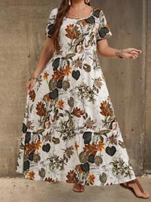 EMERY ROSE 大码女式夏季乡村度假圆领短袖花卉印花连衣裙 - 彩色 - 查看 5