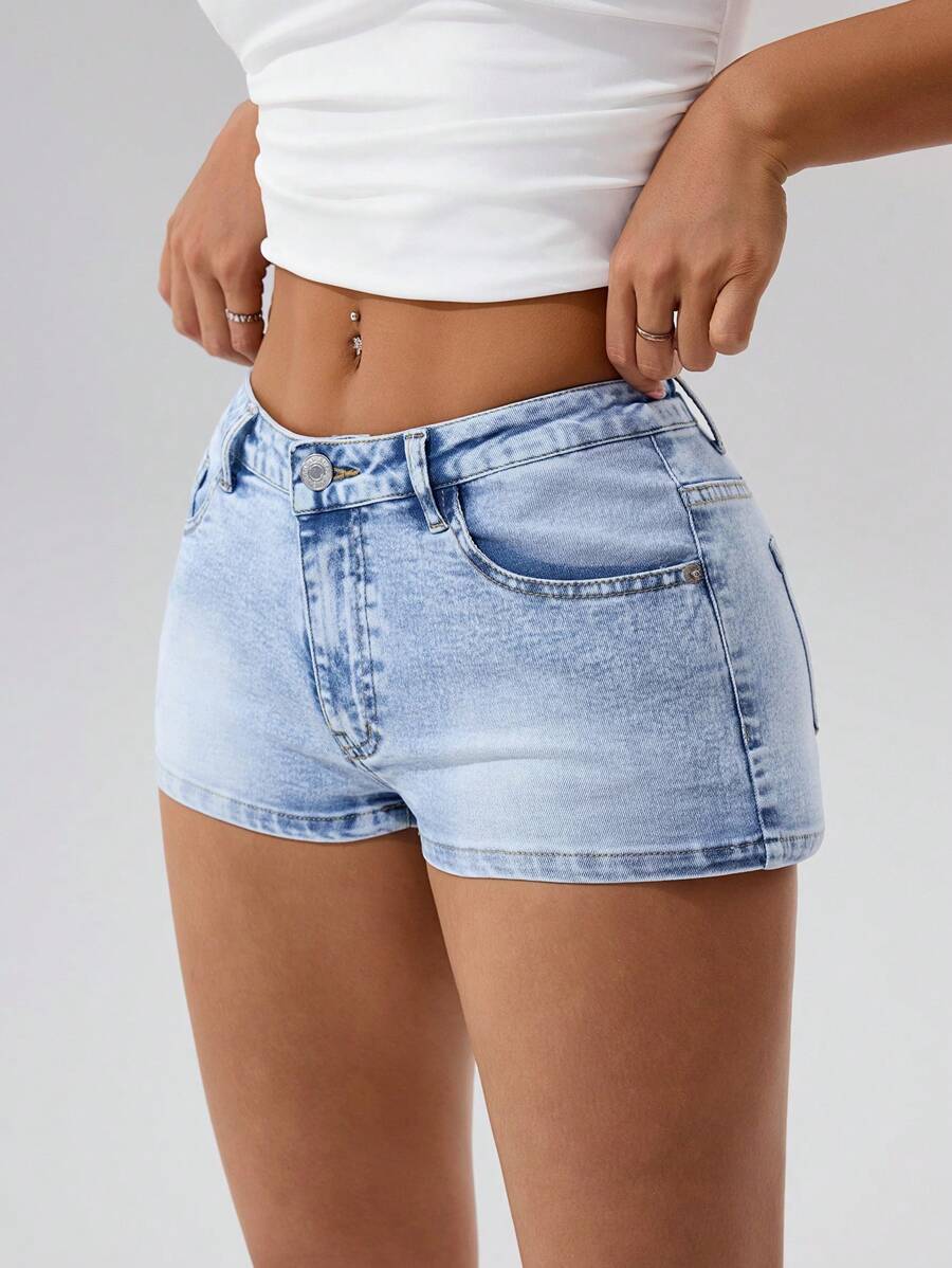 SHEIN PETITE Women's Casual Versatile Denim Shorts With Pockets - Light Wash - View 1
