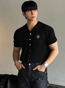 DAZY Men's Textured Fabric Letter Embroidered Golf Style Knit Sweater, Summer Business Attire - Black - View 2