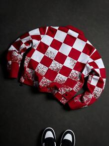 PAVTROS Manfinity Streetrush 男士长袖街头学院风夹克，INS 同款高街嘻哈摇滚厚泡沫板红白撞色格纹图案设计翻领拉链夹克，四季皆宜，街头摇滚风格，音乐节和日常穿着皆宜。 - 紅色 - 查看 7