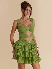 SHEIN BAE Green Solid Color Sexy Starfish Metal Decor Hollow-Out Ruffle Tiered Hem Elegant Dress, Suitable For Beach Vacation, Ruffle Graceful Dress, Brunch Dress