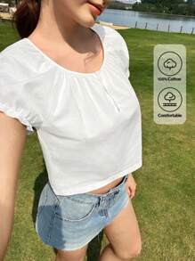 CovetEZ 女士夏季服装白色休闲日常时尚百搭短袖荷叶边圆领开衫可爱T恤，柔软舒适透气，夏季时尚 - 白色 - 查看 8