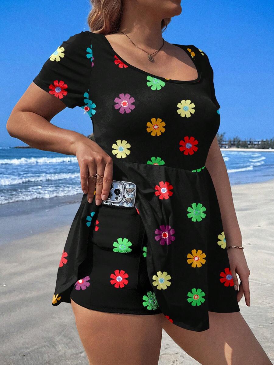 CovetEZ Plus Size Casual Ditsy Floral Printed One-Piece Jumpsuit, Simple & Suitable For Beach Vacation, Summer - Multicolor - View 1