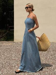 Livesso Vestido largo estilo slip de mujer en tejido vaquero desgastado y lavado
