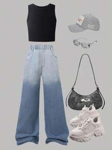 SHEIN Tween Girl Sleeveless Solid Color Tank Top & Ombre Denim Jeans 2 Pieces Set