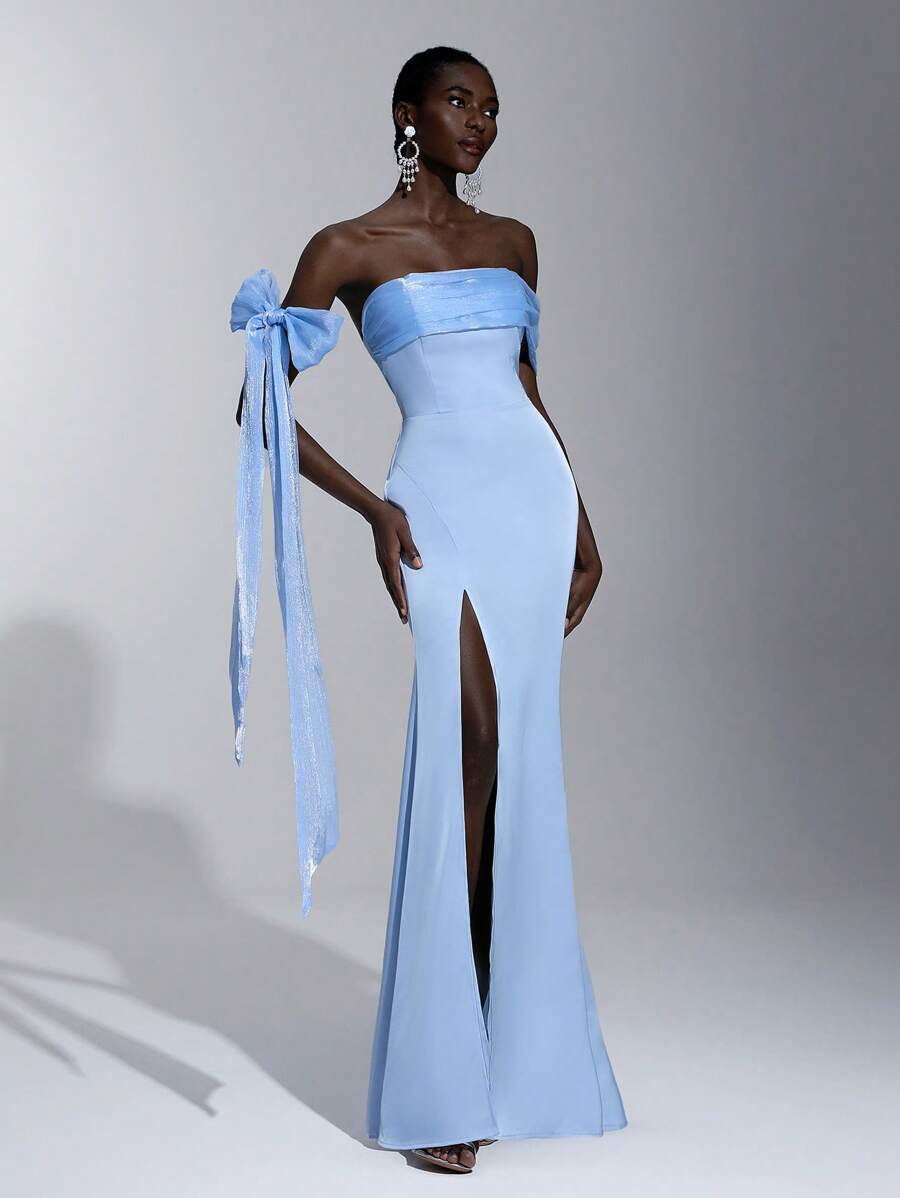 SHEIN Belle 优雅、浪漫、甜美的蓝色、缎子和欧根纱无袖露肩蝴蝶结美人鱼派对伴娘礼服 - 藍色 - 查看 1