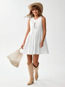 Wildy 夏季蓝色休闲美式乡村风度假蝴蝶结无袖A字迷你连衣裙