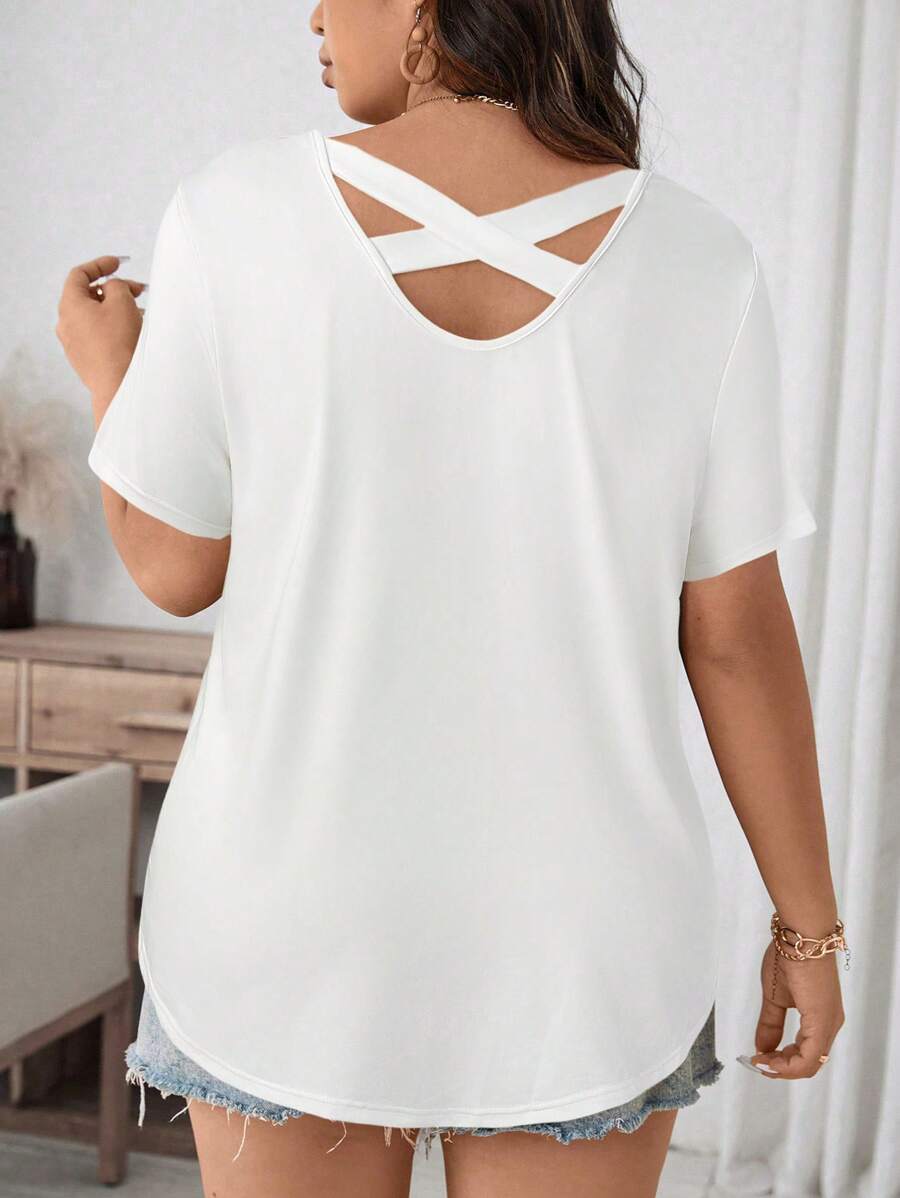 SHEIN LUNE Plus Size Casual Solid Color Short Sleeve T-Shirt, Versatile Summer - White - View 1