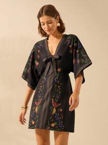 CAJUNI Women's Boho Vacation Parrot, Pineapple, Tropical Plant Printed V-Neck Batwing Sleeve Tie-Knot Waist Short Summer Vacation Dress - Multicolor - View 3