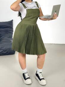 POPSWAY New Fashion Casual Loose Korean Design Strap Jumper & Pleated Mini Dress, Cinched Waist Vacation Dress For Women - Army Green - View 6