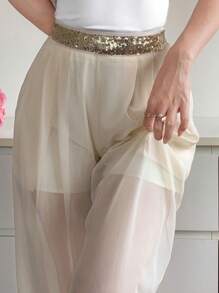 DAZY Women's Sequin Patchwork Elastic Waist Wide Leg Pants Carnival - Beige - View 7