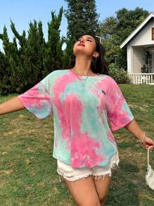 Muchica Quần áo xuân/hè cỡ lớn, áo phông nhuộm viền cong - Hồng - Xem 3