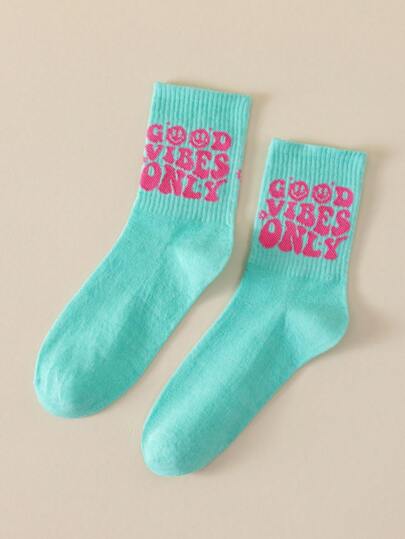 thegypsygoddess 1 双女式卡通笑脸和“Good Vibes Only”字母印花绿松石中筒袜