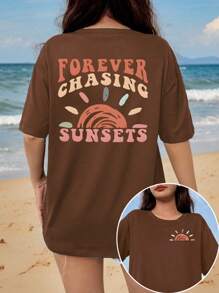 Calvaya Large Short-Sleeved T-Shirt For Women Plus Printed With Slogan Pattern, Suitable For Summer FOREVER CHASING SUNSETS Graphic Tees Women Tops - Hot Pink - View 1