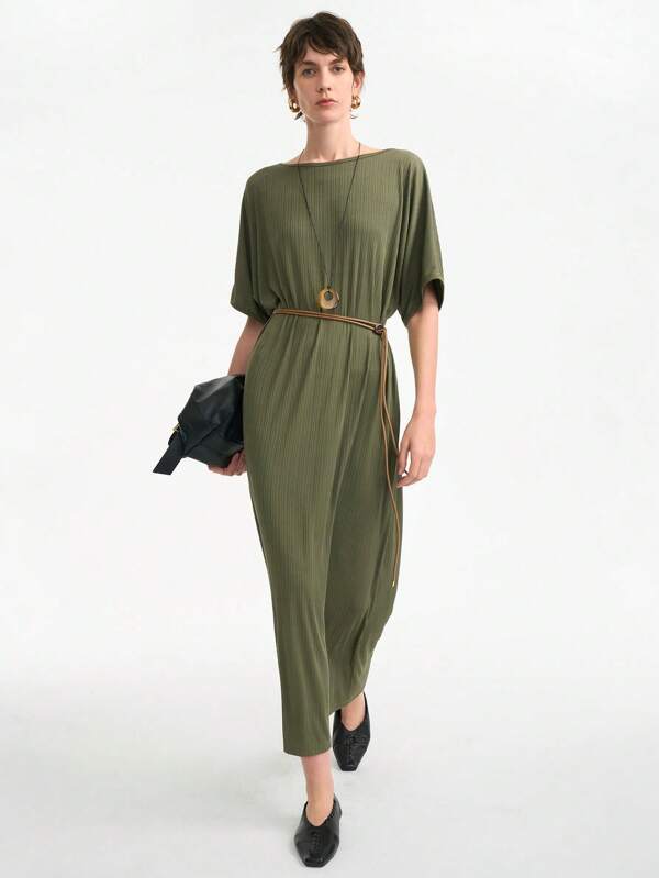 Aalyst Vestido largo sin mangas de alta calidad de línea H minimalista en color verde oliva para mujer